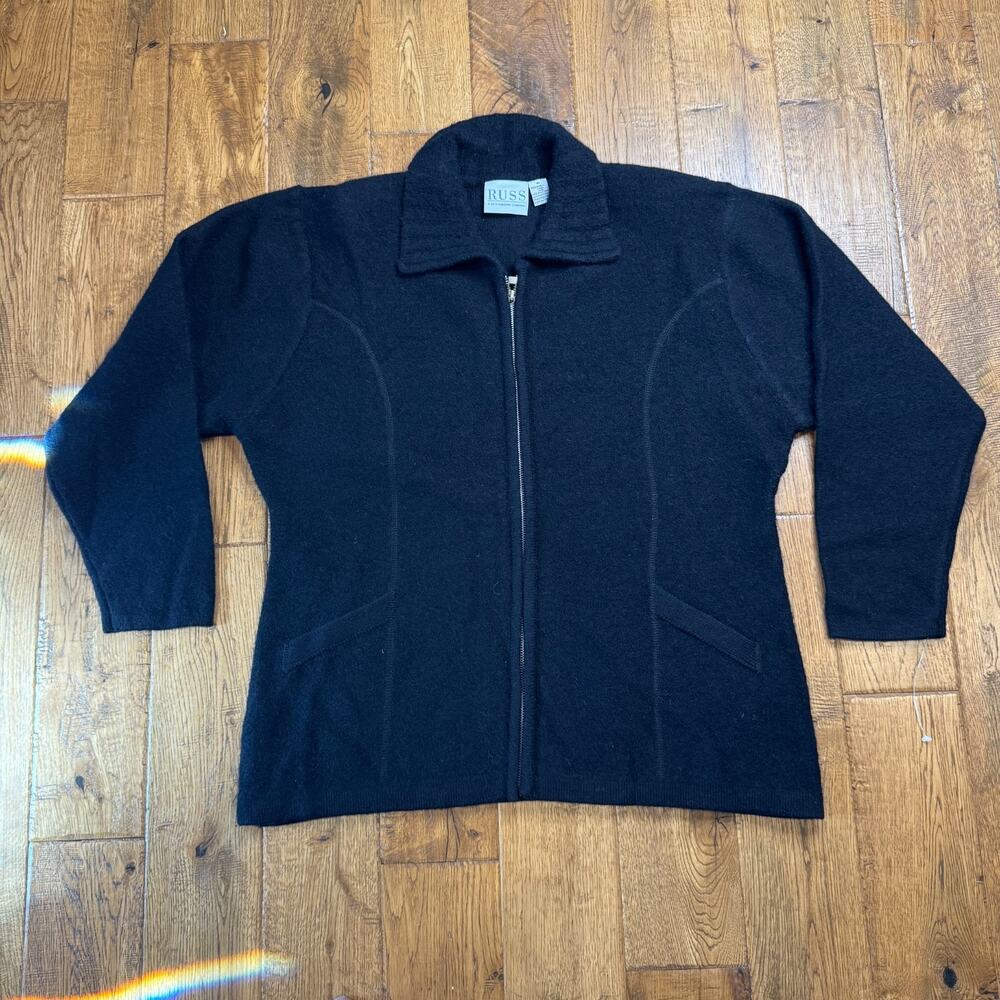 VTG RUSS by Liz Claiborne 100% Wool Black Full Zip Jacket Womens Sz XL